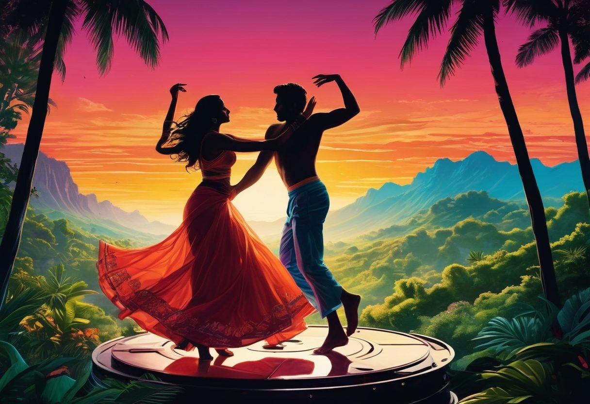 A vibrant illustration of a film reel morphing into sensual silhouettes of dancers, surrounded by a lush landscape that represents the cultural essence of Hindi cinema. Incorporate soft, alluring colors that evoke passion and intrigue, with subtle hints of traditional Indian motifs in the background. Emphasize cinematic elements like a projector and tropical flora, creating a rich visual metaphor for exploration in adult entertainment. surreal art. vivid colors. dynamic composition.