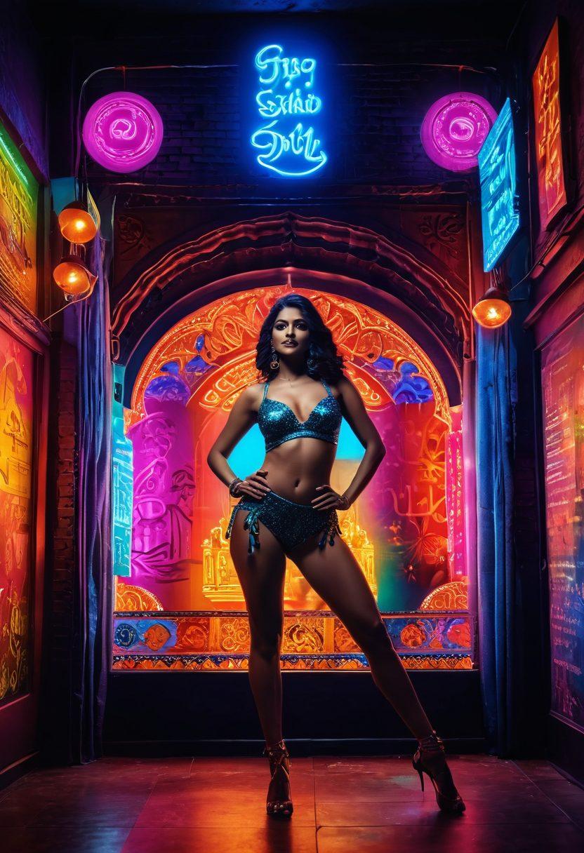 A bold and colorful collage representing the vibrant world of Hindi adult entertainment, featuring iconic film posters, playful silhouettes of dancers and actors, and a backdrop of traditional Indian patterns. The scene should exude energy and excitement while showcasing a blend of modern and classic elements in the industry, with a focus on inclusivity and diversity. Include neon lights adding a touch of nightlife glamour. vibrant colors. 3D. dynamic composition.